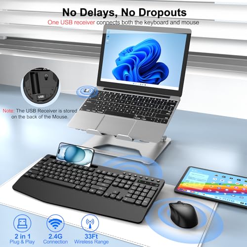 Wireless Keyboard and Mouse Combo with Palm Rest, Phone Holder, Full-Size Quiet Wireless Ergonomic Keyboard and Mouse, Comfortable Natural Typing Compatible for Windows, Laptop, Mac, PC - color: Black Graphite