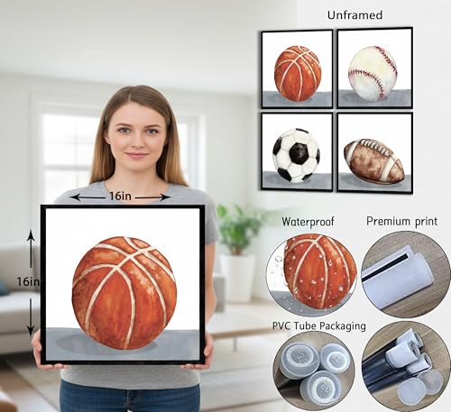 4Pcs Vintage Sports Wall Art Boys Room Poster Prints Basketball Soccor Baseball Football Pictures Rustic Ball Wall Decor for Kids Room Nursery Bedroom Home Decorations 16x16in Unframed - color: Sports Poster, size: 16"l X 16"w