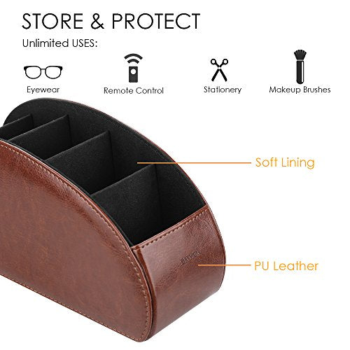 SITHON Remote Control Holder with 5 Compartments - PU Leather Remote Caddy Desktop Organizer Store TV, DVD, Blu-Ray, Media Player, Heater Controllers, Brown - color: Brown, size: Small