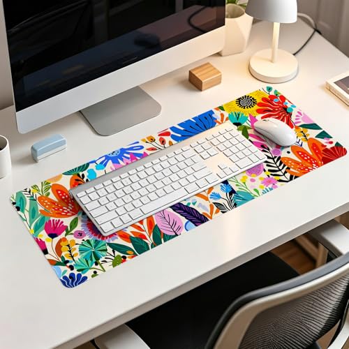 Boho Colorful Botanical Wildflower Mouse Pad,XL Large Floral Aesthetic Bright Maximalist Desk Mat,Folk Art Botanical Flower Mousepad for Home Office Dorm Desktop Decor,31.5x11.8 Inch - color: Floral Color XL
