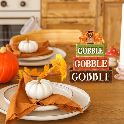 4 Pcs Fall Decorations for Home Thanksgiving Turkey Tiered Tray Decor, Fall Table Decor Farmhouse Rustic Wooden Turkey Block Sign Autumn Harvest Tabletop Centerpieces for Home Kitchen Indoor - style: Gobble Turkey