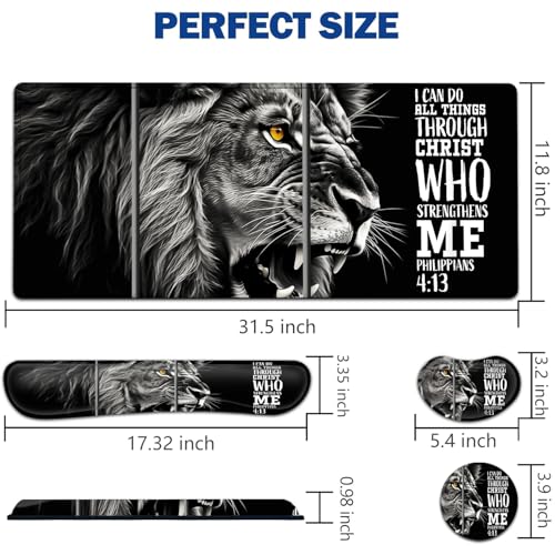 Large Mouse Pad + Keyboard Wrist Rest Set, Extended Gaming Mousepad (31.5X11.8 inch) with Non-Slip Rubber, Ergonomics Memory Foam Mouse Wrist Rest Support, Lion Philippians 4:13 Black XXL Desk Pad - color: Yu-Mouse Pad-3-B38
