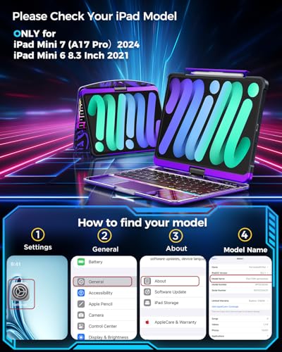 TSQQST Clear Wireless Keyboard Case for iPad mini 7 A17 Pro (2024)/ Mini 6 (2021) 8.3" w/Multi-Touch Trackpad, 7-Color Backlit, Pen Holder, 360 Rotating Case for iPad mini 7th/6th Generation-Purple - color: Clear+Purple, size: Mini7/6