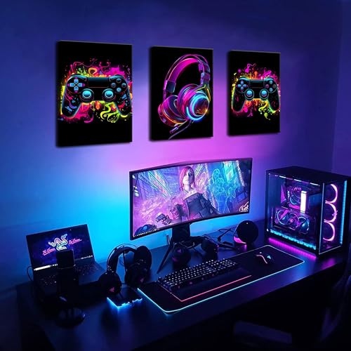 BGFCE Game Room Decor Set of 3, Neon Gaming Video Game Room Wall Art, Gaming Canvas Paintings Posters Prints for Teen Boys Room Children Teen Wall Decor Framed 12x16 in - color: Purple Game Controller, size: 16L" x 12W"