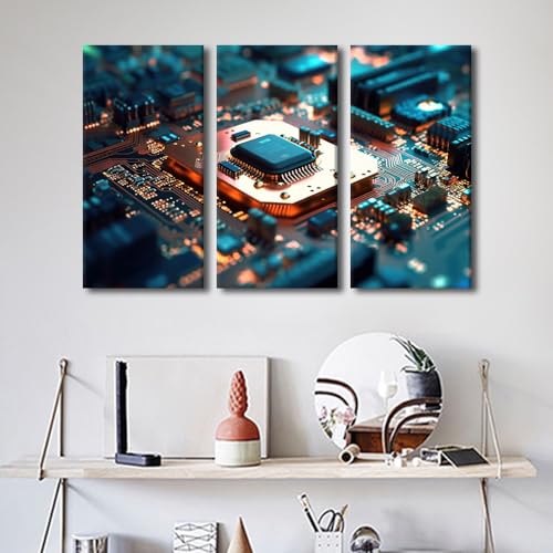3 Panels CPU Framed Wall Art Circuit Board Canvas Art Wall Decor CPU Concept Living Room Wall Decor Pictures Posters Art Prints Contemporary Home Decor Framed Ready to Hang (42"Wx28"H - color: Artwork-07, size: 42"Wx28"H