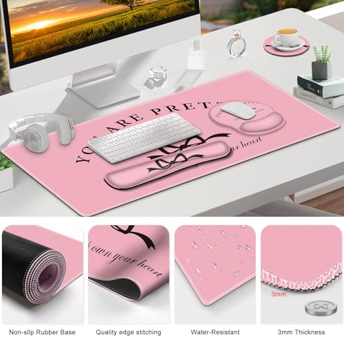 Gaming Mouse Pad, Large Desk Mat, Cute Desk Pad Protector, 4in1 XXL Mousepad + Keyboard Wrist Rest+Mouse Wrist Rest+Coaster Set with Ergonomic Desk Pad for Home Office Table Computer, Pink Pretty Bow - color: Pink Pretty Bow