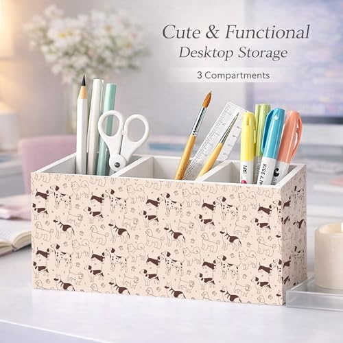 Cute Dog Pattern Wooden Desk Organizer | Fun dog pattern; 3-compartment wooden holder stores pens, pencils, scissors, rulers for home, kids, or office. - color: Dog Pattern
