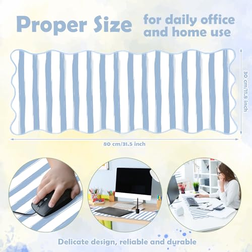 Copkim 1 Pcs Blue Scalloped Striped Desk Mat 31.5 x 11.8 Inch Large Cute Mouse Pad Computer Mat Non Slip Waterproof Rubber Base with Border Stitching Soft Keyboard Pad for Home Office Gaming Makeup - color: Blue, style: Strip
