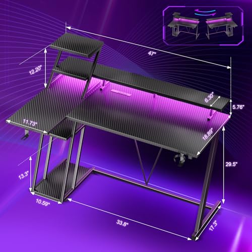 Korfile 47 Inch Gaming Desk with LED Lights & Power Outlet, L Shaped Computer Desk with Storage Shelves, Gamer Workstations with Monitor Stand for Bedroom, Carbon Fiber Black - size: 47 Inches