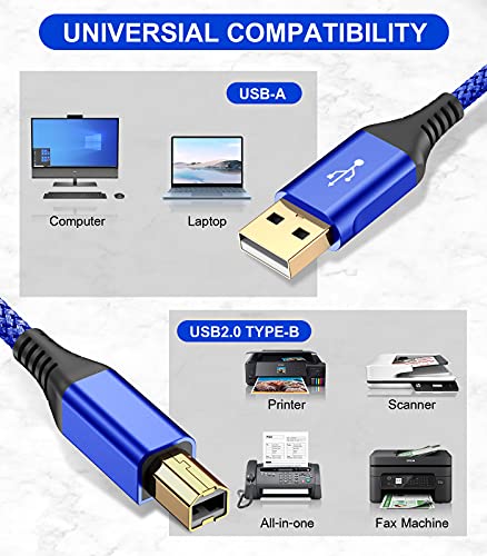 sweguard Printer Cable 10ft, USB 2.0 Printer Cable USB-A to USB-B Cable, High Speed Nylon Braided Scanner Printer Cord for HP Canon Dell Epson Brother Lexmark Xerox Samsung Piano DAC & More - Blue - color: blue, size: 10ft