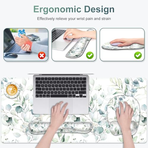 Large Mouse Pad with Wrist Support 4in1 Set, XXL Big Game Mousepad +Keyboard Wrist Rest+Mouse Wrist Rest+Coaster with Ergonomic Design Gaming Mat for Home Office Computer I Eucalyptus Branches - color: Eucalyptus Branches