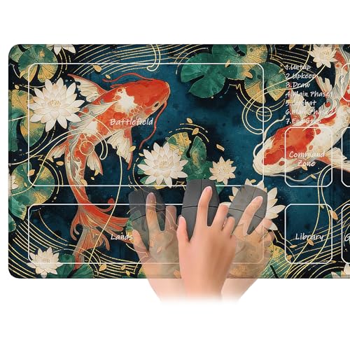 for MTG Playmat 24 x 14 Inches Lotus Leaves Koi Magic Play Mat Card Game Mat for Magic The Gathering TCG PTCG Playmat with Free Storage Bags Non-Slip Backing and Stitched Edge - color: Lotus Leaves Koi With Zones