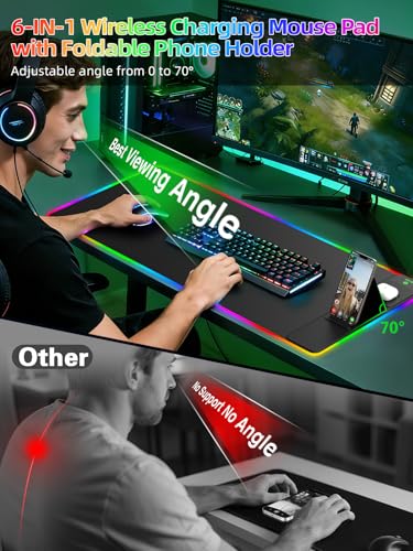 Mouse Pad with Foldable Phone Holder & Wireless Charger, XXL RGB Gaming Mousepad 31.5"x15.8" Large Desk Mat for Keyboard, Black Desk Pad with Dual Qi Charging Station | 11 Colors 5 Modes | Waterproof - color: Black-Right Phone Holder-31.5"x15.8"