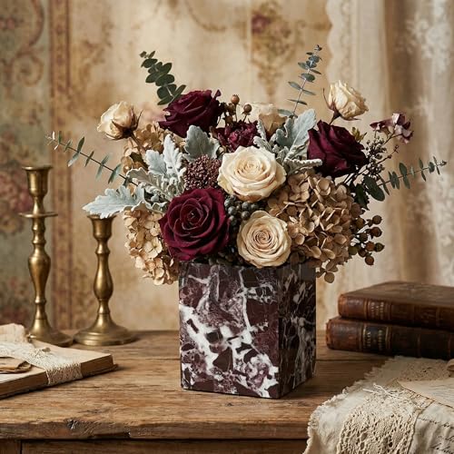 Natural Marble Pen Holder, Square Desk Organizer, Marble Toothbrush Holder, Multi-Functional Makeup Brush Holder, Decorative Storage Cup for Office Vanity Bathroom Kitchen (Rosa Levanto) - color: Rosa Levanto
