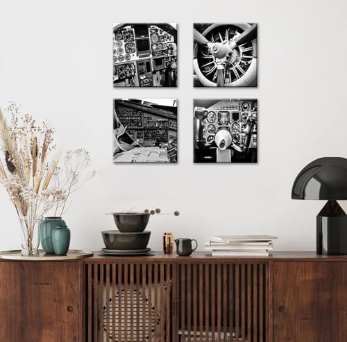 DJSYLIFE Vintage Airplane Wall Art - 4-Panel Black and White Canvas Print Poster, Propeller Plane Close-Up Decor for Office, Bedroom, Man Cave, Modern Home Decor, Ready to Hang 12"x12"x4 - color: Black Air