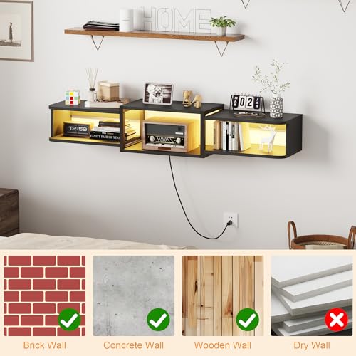 Qupui 47.2'' Wall-Mounted Floating TV Stand with LED Lighting, Modern Wooden Media Console Shelf Featuring Built-in USB Ports and Electrical Outlets. Under-TV Storage for Living Room, Bedroom - color: Black