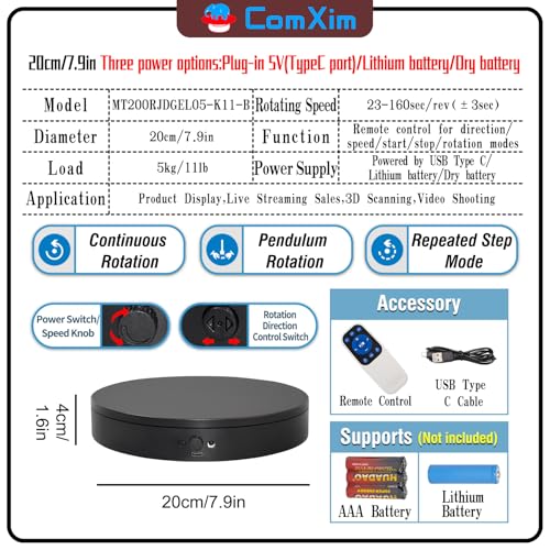 Motorized Rotating Display Stand with Remote, 7.87in 360 Electric Turntable for Display,Photography,3D Scanner Models, Motorized Lazy Susan and Photography Turntable Control Angle/Speed,Step/Swing/Continuous Rotation - size: 7.87inch/Black/11Lbs Load