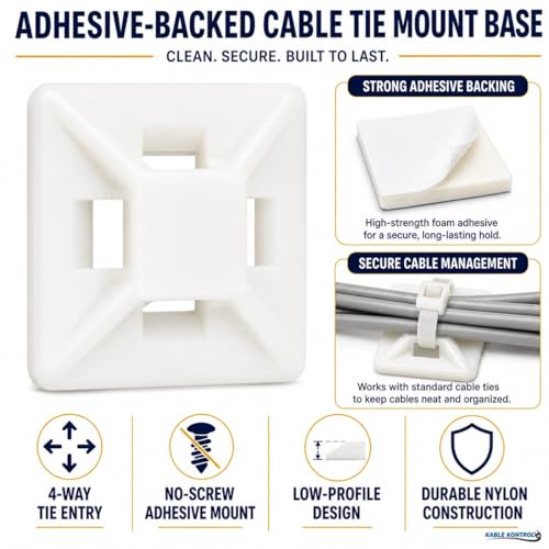 Kable Kontrol Zip Tie Mounts, 1/2” Sq, Natural White, 100 Pcs, Adhesive Backed Multi-Purpose Mounting Squares Nylon Cable Tie Wrap Anchor Pads for Cable Management - color: White, size: 1/2" Inch Square - 100 Pcs