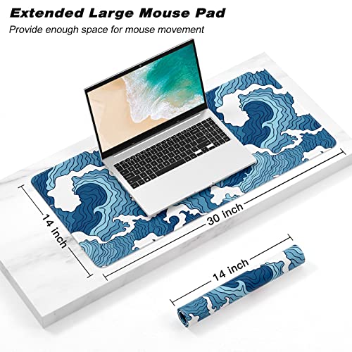 Extended Gaming Mouse Pad, Japanese Blue White Wave Mousepad, XL Large Mouse Mat Desk Pad 30 x 14 Inch, Waterproof Anime Mouse Pad with Stitched Edges and Non-Slip Base for Office Gaming - color: Blue White Wave