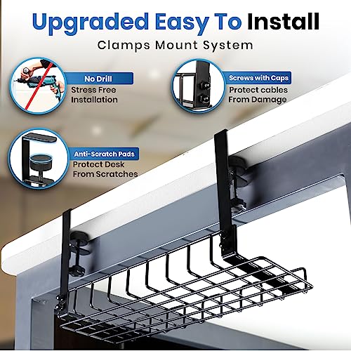 Under Desk Cable Management Tray, 16” No Drill Cord Organizer with Clamps for Wire Management, 4mm Sturdy Wire Desk Cable Organizer Tray, Cable Management Rack for Home & Office (Pack of 2) - size: 16"L x 6"W (Pack of 2)
