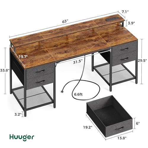 Huuger 63 inch Computer Desk with 4 Drawers, Gaming Desk with LED Lights & Power Outlets, Home Office Desk with Large Storage Space for Bedroom, Work from Home, Rustic Brown - color: Rustic Brown, size: 63 Inch