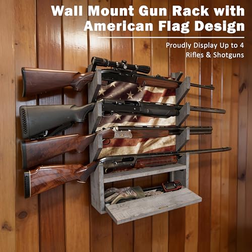 Rush Creek Creations Gun Rack, Wall Mount Gun Rack for Rifles or Shotguns, Patriotic American Flag Design, Additional Storage for Gun Accessories - color: Barn Wood - Red/White/Blue