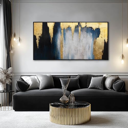 WINKAILIN Abstract Blue and Gold Wall Art with Black Frame Modern 24x48 Canvas Painting Large Artwork for Living Room Bedroom Office Home Decoration - color: Blue and Gold, size: 48"L x 24"W