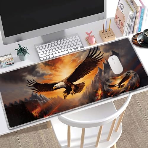 Large Gaming Mouse Pad + Mouse Wrist Rest Pad + Coaster Combination, 31.5 "x 11.8" Durable Non-Slip Extension Table Mat, Suitable for Office and Home, Rebirth of American Eagle Fire - color: Rebirth of American Eagle Fire
