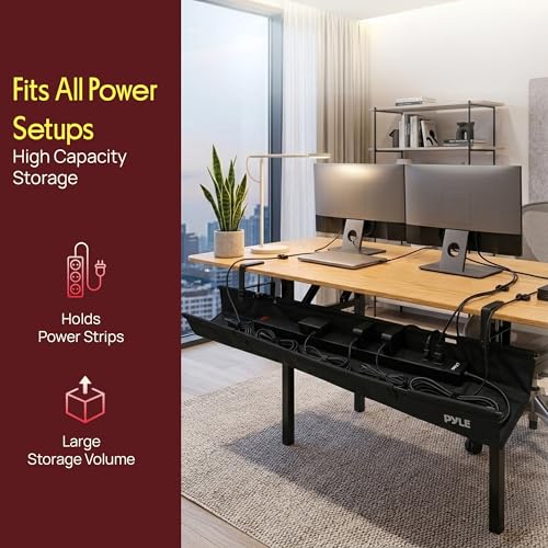 Pyle 48" Under Desk Cable Management Tray, Under Desk Wire Organizer with Clamp or Screw Mount, Desk Cable Organizer with Fabric Design for Large Workstations, Built-in Ties, 20 lb Capacity, Black - size: 48"