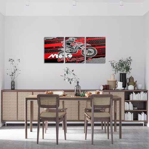 Feelyou Kids Boys Dirt Bike 3 Piece Canvas Wall Art for Living Room Extreme Sports Theme Motorcycle Wall Decor for Bedroom Office Motocross Rider Teens Ready to Hang Pictures Home Decor 3 Pieces - color: Deep Black and Red