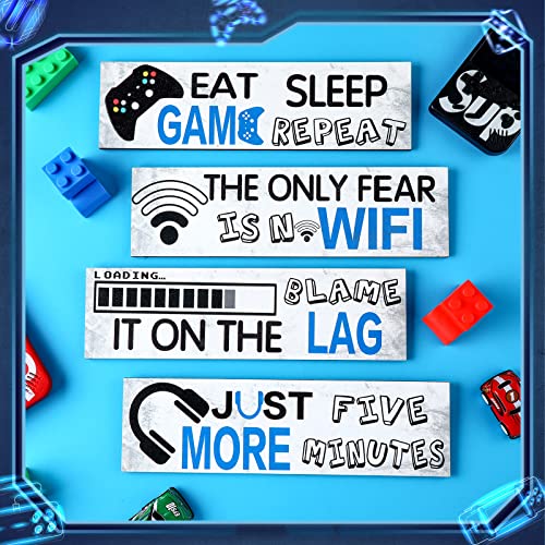 Queekay 4 Pcs Gaming Decor for Teen Boys Room Neon Video Game Posters Wooden Gamer Wall Art Prints for Bedroom Kids Boys Room Playroom Home Decorations Christmas Gift, 8 x 3 Inch(Retro Gray)