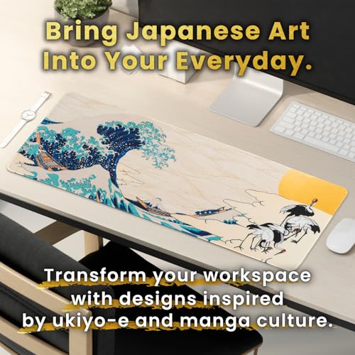 BELLEMOND Japanese Art Desk Mat | Large 31.5x11.8in Anime Mouse Pad for Keyboard & Mouse | Non-Slip Base, Water-Repellent | Original Japanese Design | Waves of Harmony - color: Waves of Harmony