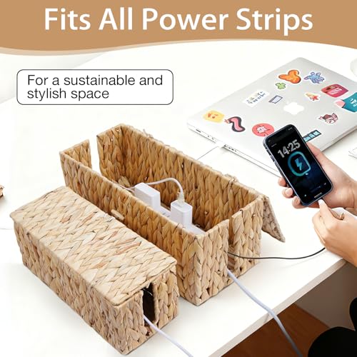 Cable Management Box with Lids-Handwoven Rattan Cord Organizer with Open Slots,Desk Organizer Box to Hide Power Strips&Cords,Office Desk Accessories Storage Basket,2 Pack