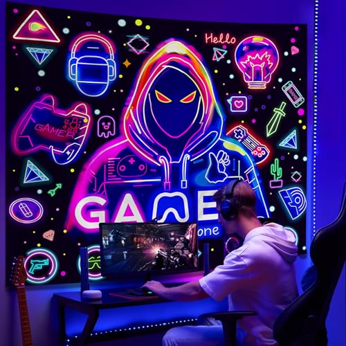 Apdidl Blacklight Gaming Wall Tapestry for Bedroom, Glow in the Dark Funny Game Player Boys Room Decor Tapestries, Cool Gamer Posters UV Reactive Neon Wall Hanging for Kids Living Room Dorm 51" X 60" - color: Gamer Blacklight Tapestry, size: 60"L x 51"W
