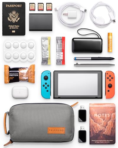 Tech Bag Organizer - Small Electronics Organizer Pouch for Travel - Premium Travel Case with Leather Accents - Mesh Pocket for Cables, Cords and Chargers (Grey) - color: Grey