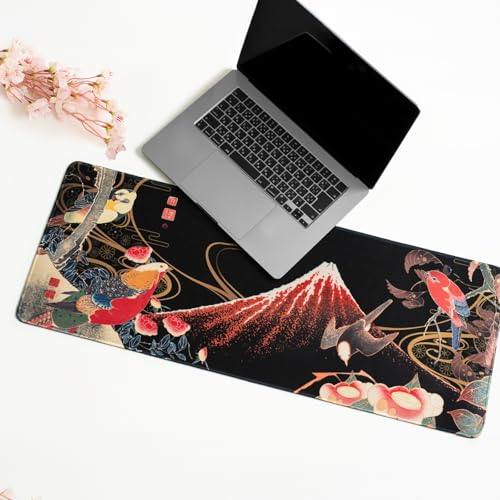 BELLEMOND Japanese Art Desk Mat | Large 31.5x11.8in Anime Mouse Pad for Keyboard & Mouse | Non-Slip Base, Water-Repellent | Original Japanese Design | Crimson Wings Over Fuji - color: Crimson Wings Over Fuji