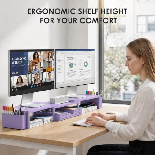 OPNICE Desk Organizers and Accessories, Dual Computer Monitor Stand Riser with Drawer and 2 Pen Holders, Office Desk Accessories, Workspace Desktop Organization for Office Supplies (Purple Metal ) - color: Purple Metal