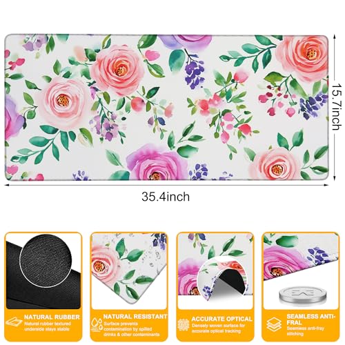 Mouse Pad for Gaming Watercolor Floral Pink Roses Big Gaming Mousepad Large Extended Mouse Mat Non-Slip Rubber Base Desk Pad with Stitched Edges for Office Gamer Home 35.4"X 15.7" - color: Sunlight Misty Forest