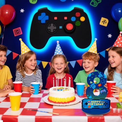 Video Game Birthday Party Decorations, Video Game Birthday Number Sign Centerpiece, 8th Table Topper Wooden Centerpiece for Gaming Theme 8th Birthday Supplies (8th) - style: 8th