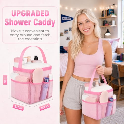 Attmu Mesh Shower Caddy Portable for College Dorm Room Camping Essentials, Shower Caddy Dorm with 9-Pockets, Large Capacity Hanging Basket Bathroom Bag for Toiletry, Swimming, Gym, Camp, Beach - color: Light Pnk