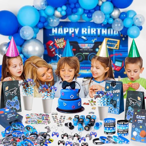 124Pcs Video Game Party Favors for Kids Gamer Birthday Supplies - Controller Straw Paper Bag Stamp Bracelet Glow Sticker Keychain Gaming Sticker, Boy Game On Pinata Filler Goodie Stuffer Decor