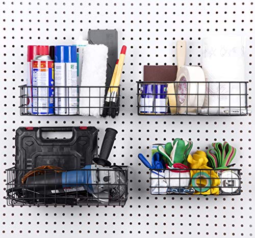 Pegboard Baskets, Set of 4 Black - Hooks to Any Peg Board - Pegboard Accessories, Square Style Wire Shelf Baskets - Organize Tools, Workbench, Garage Storage - Wall Organizer Attachments - size: a. Sizes S+M+L+XL Pack