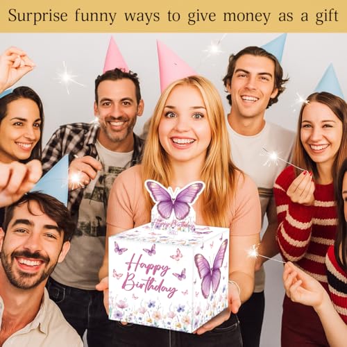 ChillHui Butterfly Birthday Money Gift Boxes, Pink and Purple Butterfly Birthday Money Pull Box for Girls - color: Pink Butterfly