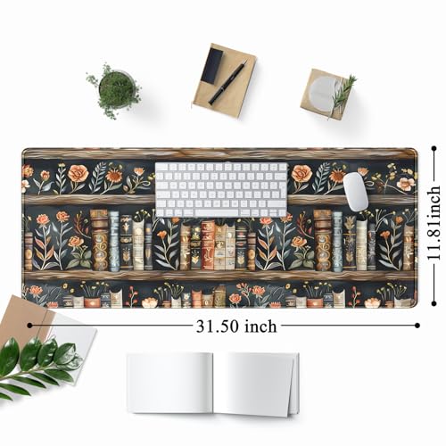 Library Desk Mat Dark Academia Large Mouse Pad Forest Book Nature Floral Gaming Mousepad XL Vintage Aesthetic Desk Pad 31.5 x 11.8 in Laptop Computer Keyboard Mouse Mat Accessories Decor - color: Library