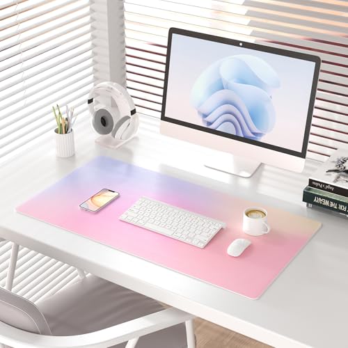 Colorful Star Large Mouse Pad Pink, Girly Desk Mat Aesthetic PU Leather Laptop Mat 31.5 x 15.7 in, Cute Mousepad & Large Desk Pad, Waterproof Non-Slip Desk Mat for Office Accessories Women& Girl - color: Dreamy Pink Gradient, size: 31.5" x 15.7"