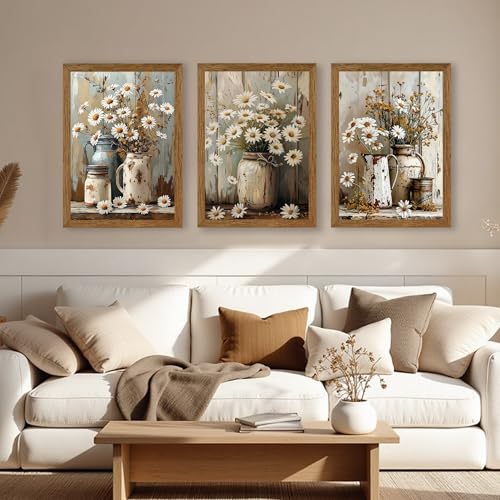 InspiredHues 3 Piece Vintage Floral Pictures Canvas Wall Art Nature Themed Daisy Artwork Prints Elegant Farmhouse Wall Decor for Living Room Bedroom Kitchen Home Decoration 16x24 Inch Wood Framed - color: Retro, size: 24"L x 16"W