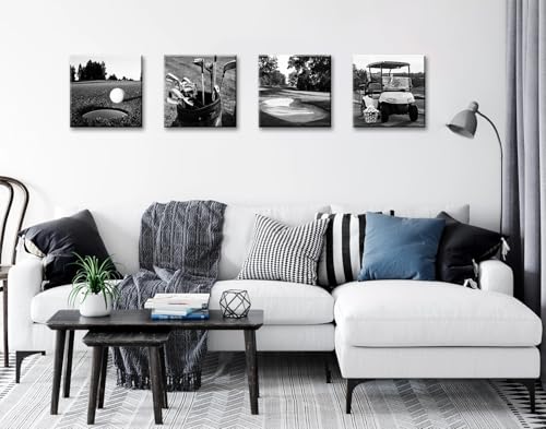 DJSYLIFE Golf Decor Golf Course Wall Art - Sport Poster Black and White Canvas Prints Picture for Modern Home Office Men Bedroom Decoration Stretched and Framed Ready to Hang 12"X12"X4 - color: Black Golf