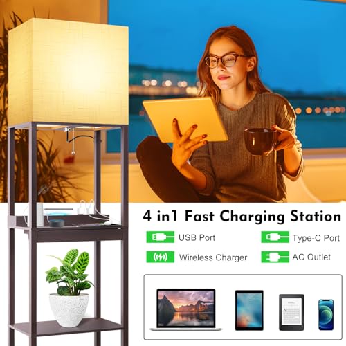 RUNTOP Floor Lamp with Shelves, Modern Standing Lamp with Wireless Charger, 1 Drawer and 2 USB Ports & 2 Power Outlet, 15W LED Bulb 3 Colors, Memory Function, Shelf Lamp for Living Room and Bedroom - color: Upgraded Plus- Walnut with Wireless Charger &USB
