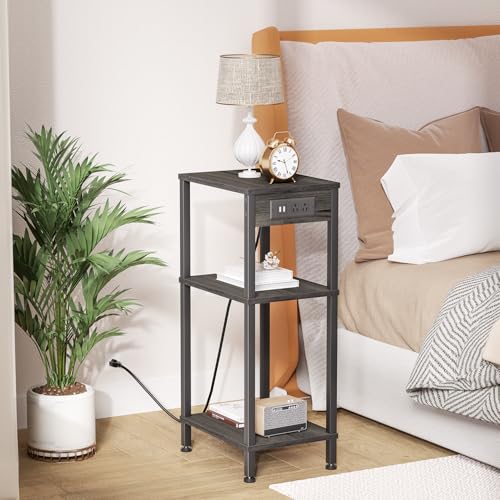 Creso hom Tall Nighstand with Charging Station, 3 Tier Small End Table with Storage, Skinny Side Table with USB Ports and Outlets for Bedroom, Living Room, Office, Carbon Gray - color: Carbon Gray, size: 11"D x 15"W x 30"H