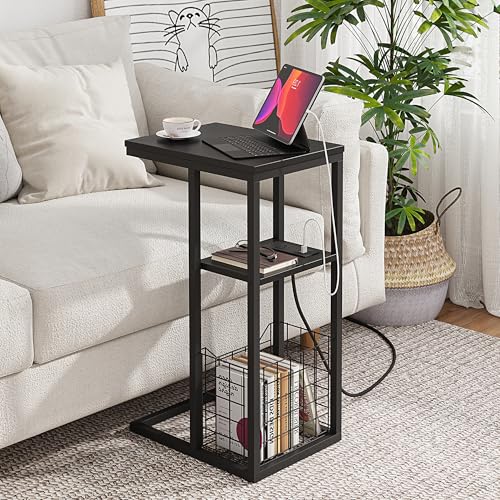 Vagusicc C Shaped End Table with Charging Station, Side Table for Couch, Small Side End Table for Small Spaces, 28" High Slide Under Sofa Table for Coffee, Tv Tray Table for Living Room, Black - color: Black